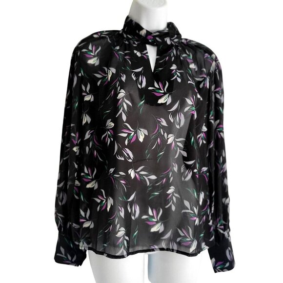 GRACIA Black Floral Chiffon Blouse Keyhole Neckline & Buttoned Cuffs -S - Picture 4 of 8